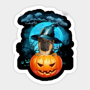 German Shepherd Witch Hat Pumpkin And Blue Moon Halloween Sticker